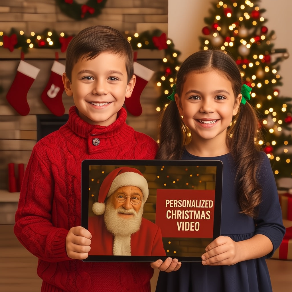 Two children holding a tablet with a personalized Santa Christmas video on a decorated Christmas background.