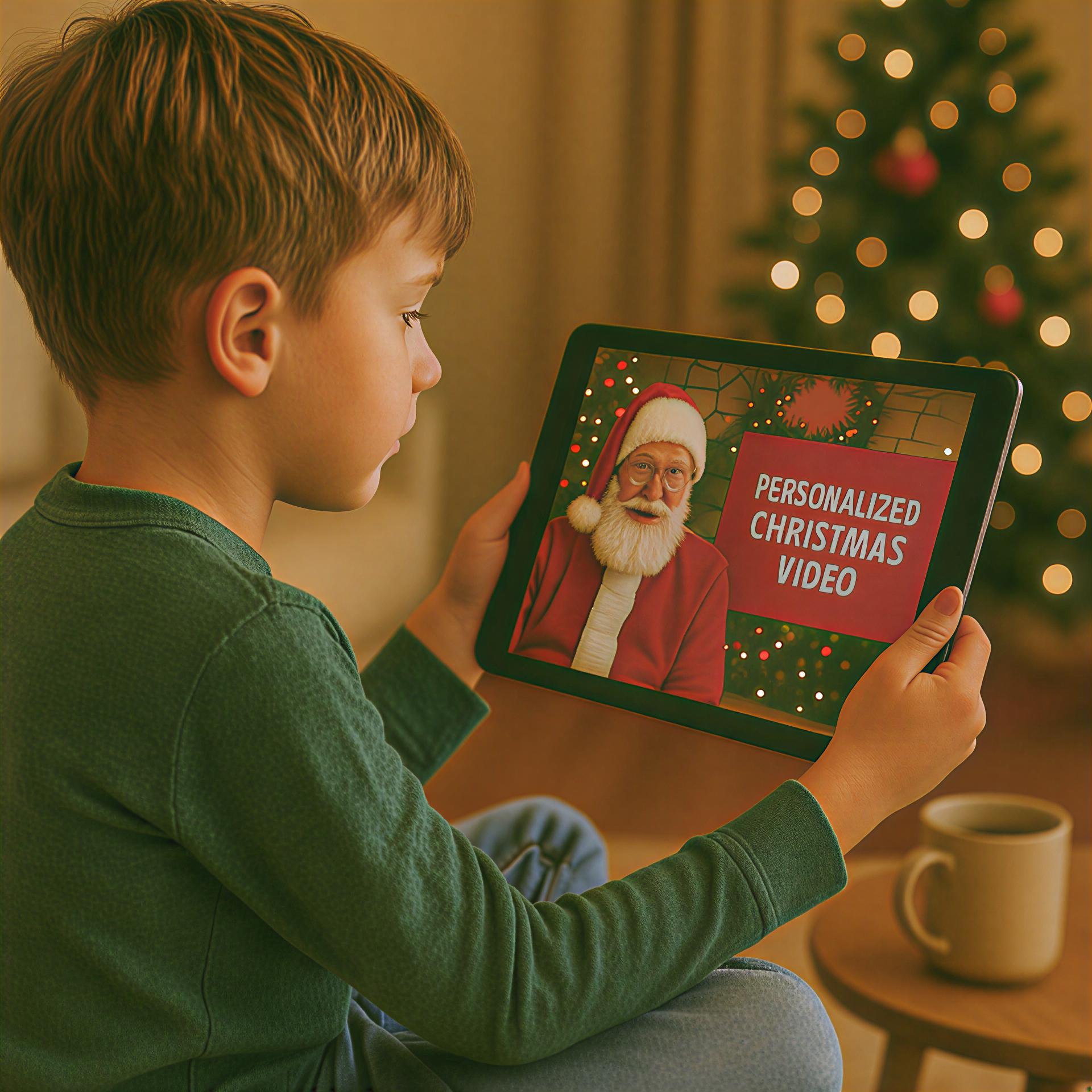 Child holding a tablet with a personalized Christmas video of Santa Claus, sitting in front of a decorated Christmas tree.