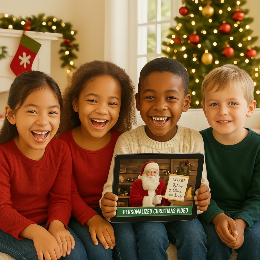 Four children holding a tablet with a personalized Santa Christmas video on it, in front of a decorated Christmas tree.