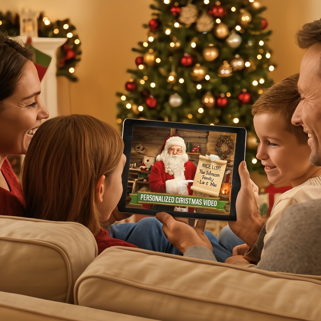 Family watching a personalized Christmas video with Santa on a tablet in front of a decorated Christmas tree.
