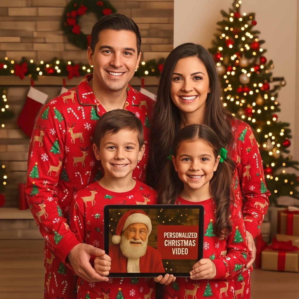 Family in matching red Christmas pajamas holding a tablet with Santa Claus on screen, surrounded by festive decorations.