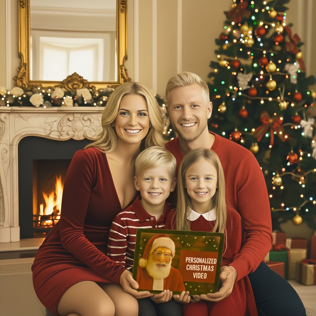 Family of four posing in front of a Christmas tree and fireplace, holding a tablet displaying personalized Santa Christmas video.