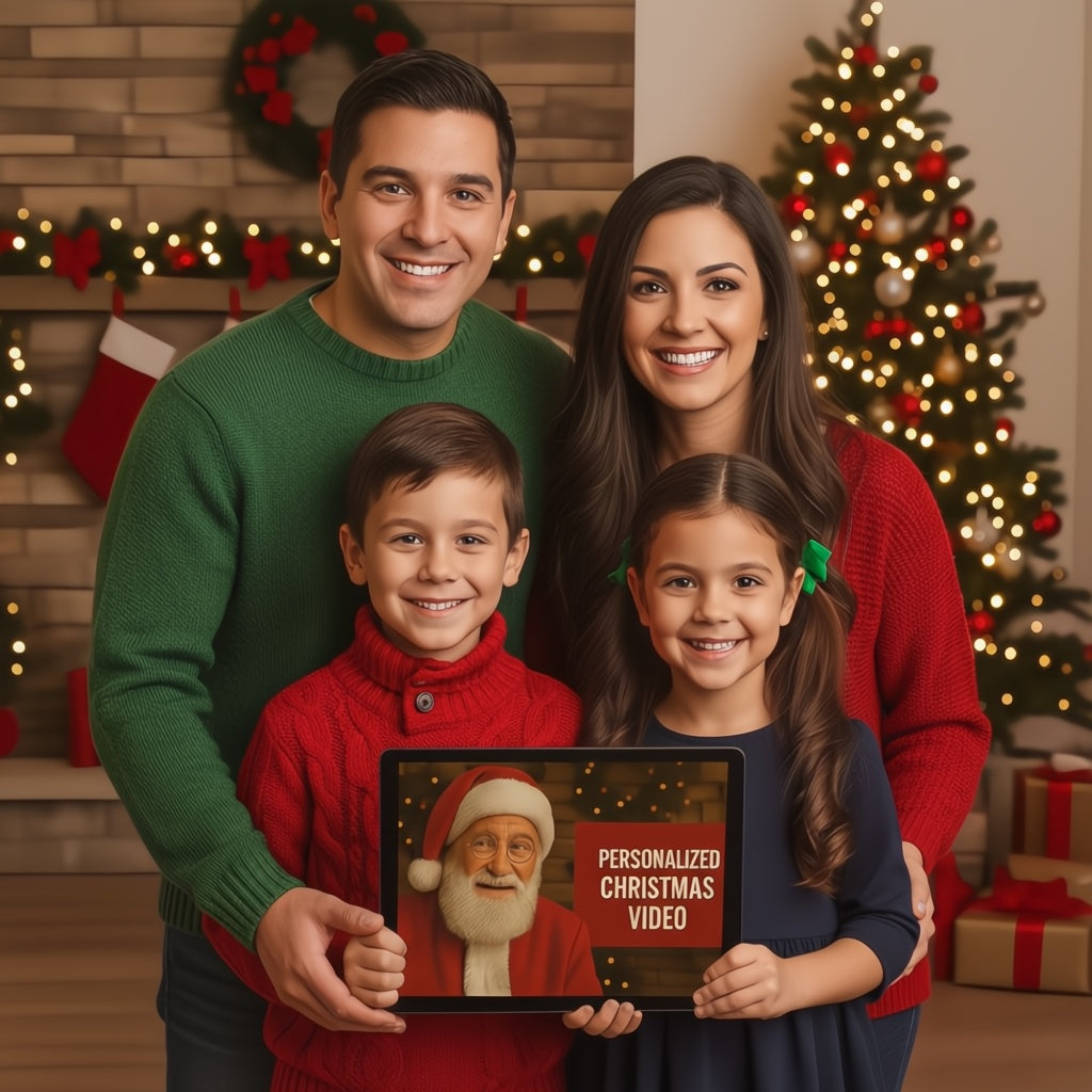 Family holding a tablet with a personalized Santa Christmas video on it, in front of a decorated Christmas tree and fireplace.