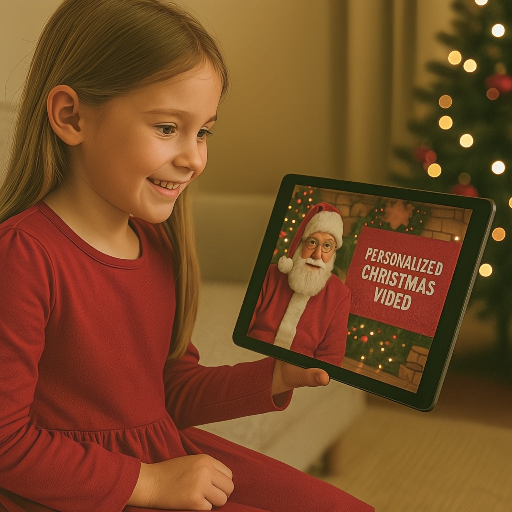 Young girl holding a tablet with a personalized Christmas video of Santa Claus, with a blurred Christmas tree in the background.