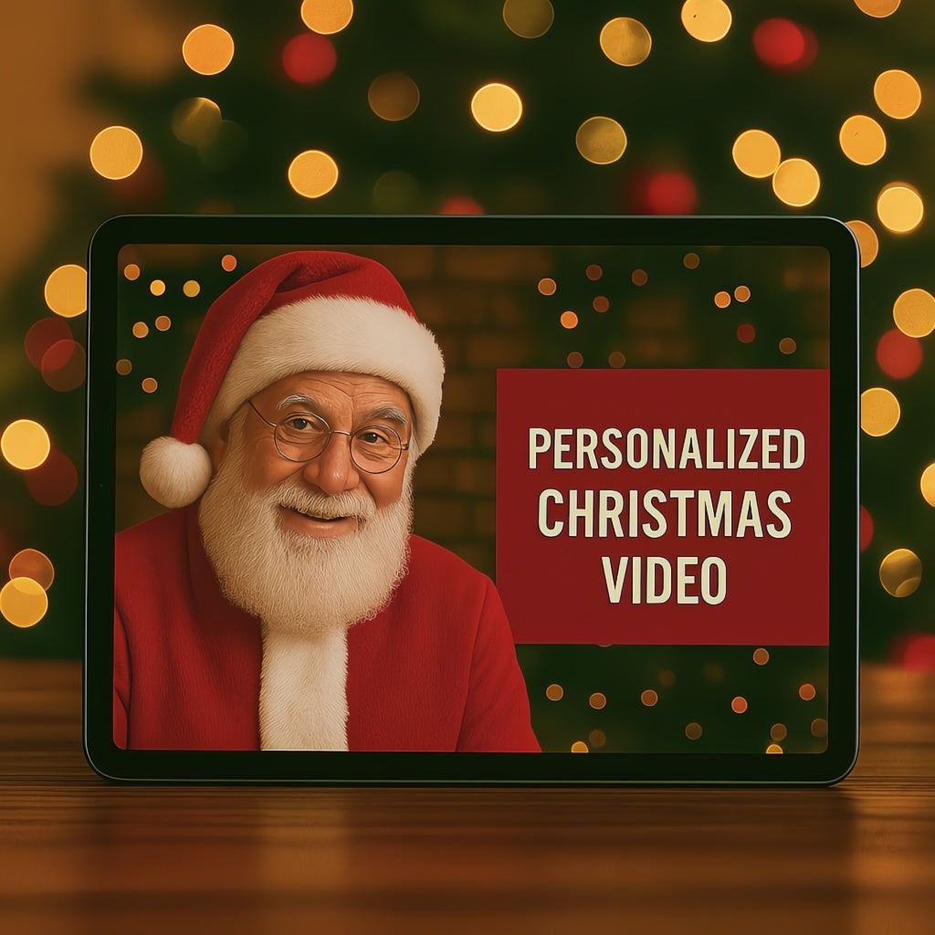 Tablet displaying a personalized Christmas video with Santa Claus on a festive background.
