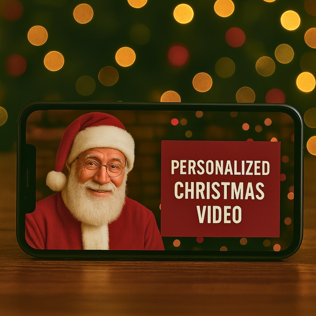 Phone displaying a personalized Christmas video with Santa Claus on a festive background.