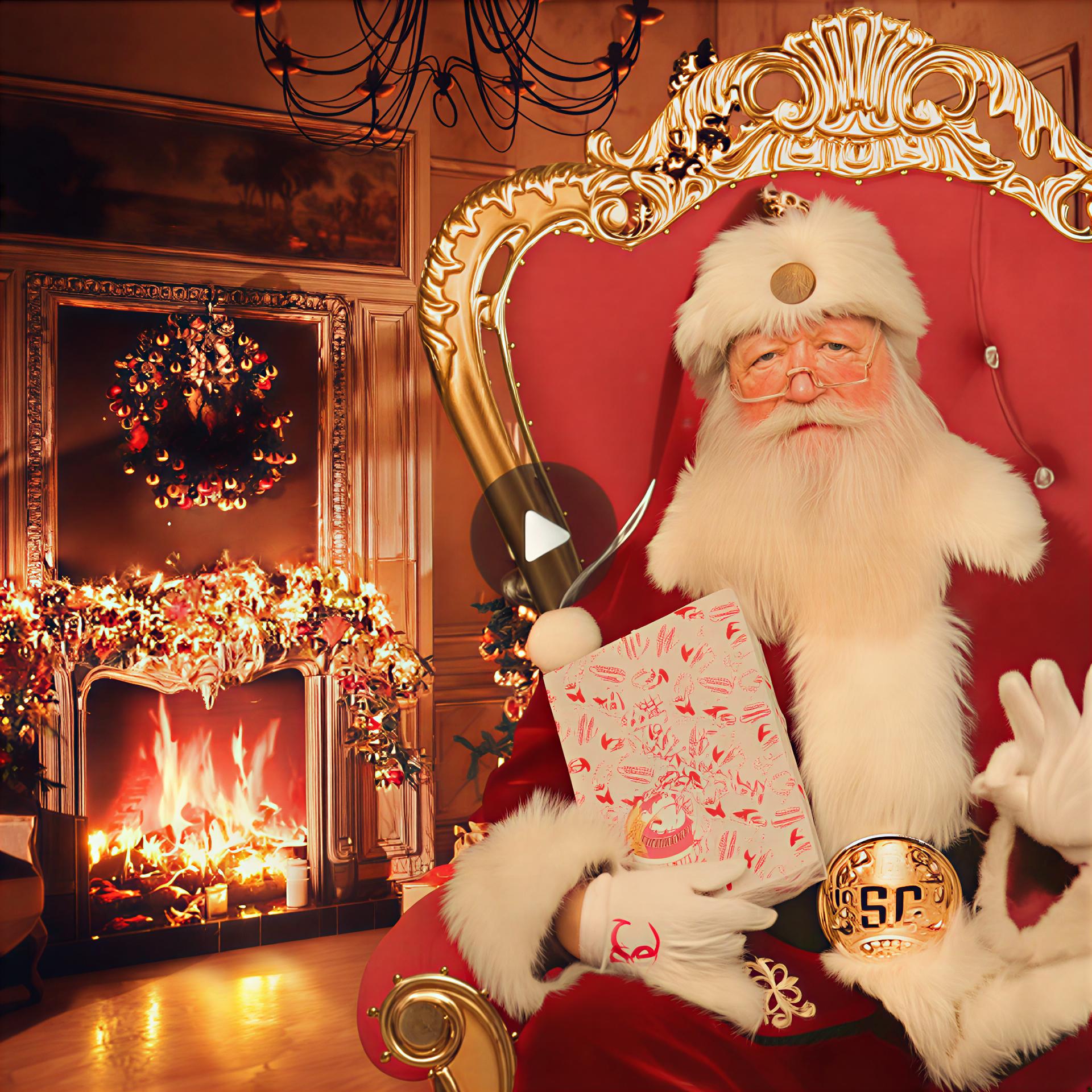 Sample preview of a personalized Santa video with Santa sitting by a fireplace in a Christmas room

