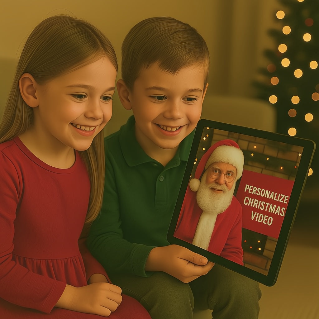 Two children sitting together, looking at a tablet displaying personalized Christmas video with Santa Claus on the screen, in a warm indoor setting.